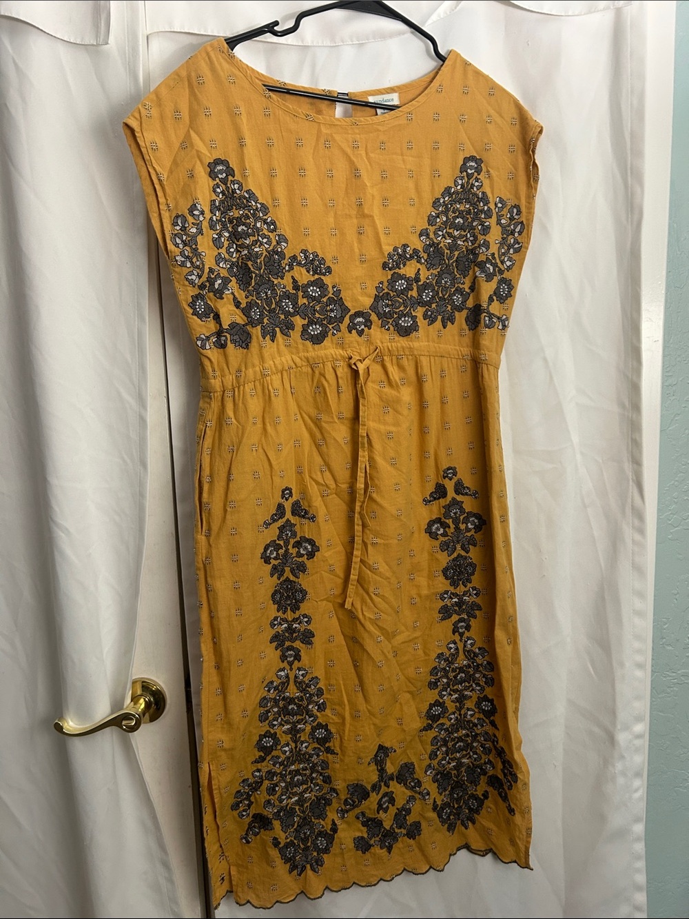 Sundance Mustard Midi Dress with Dark Floral Embroidery